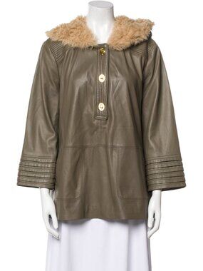 Tory Burch Leather Fur Trim Hooded Jacket